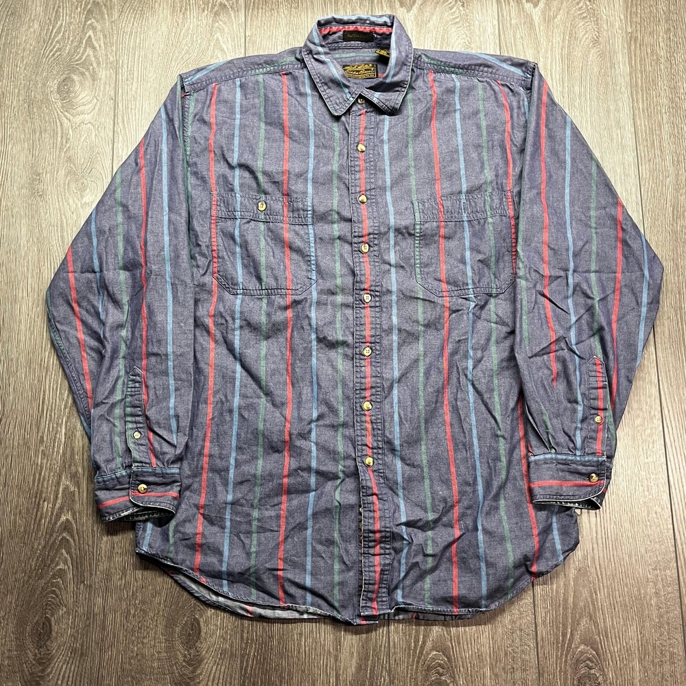 Vintage Eddie Bauer 1990s Striped Button Down Up Shirt Preppy Color Block Large